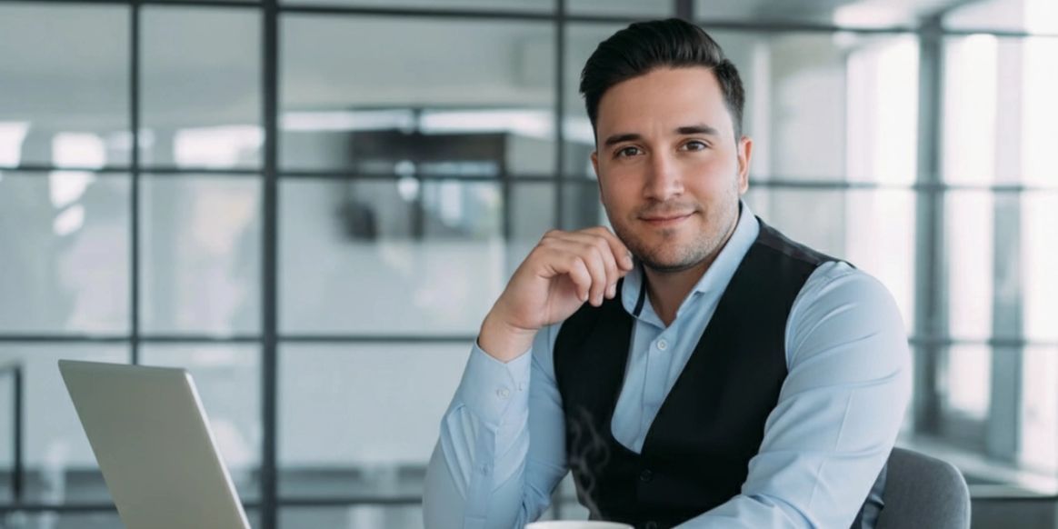 Consultor sonriente en una oficina con laptop
