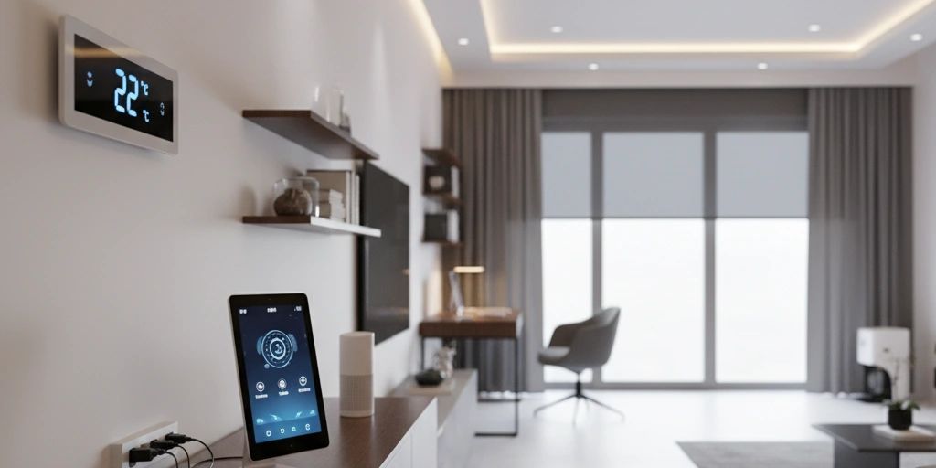 Sala moderna con termostato y tableta de control inteligente