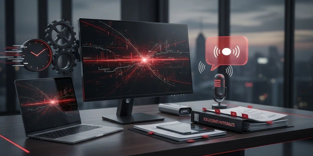 Estación de trabajo con computadora y equipo tecnológico