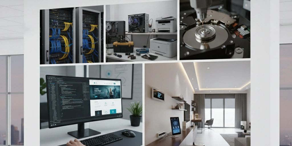 Collage de servicios: computadoras, discos duros y equipo de oficina