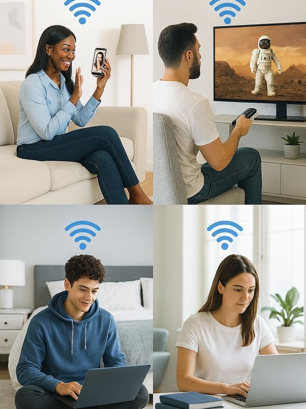 Personas usando internet en distintas habitaciones